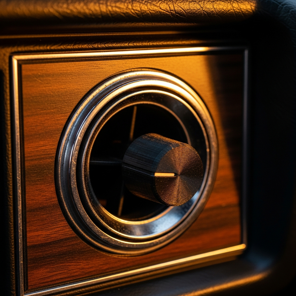 3D-printed dashboard vent knob for a classic-car interior.