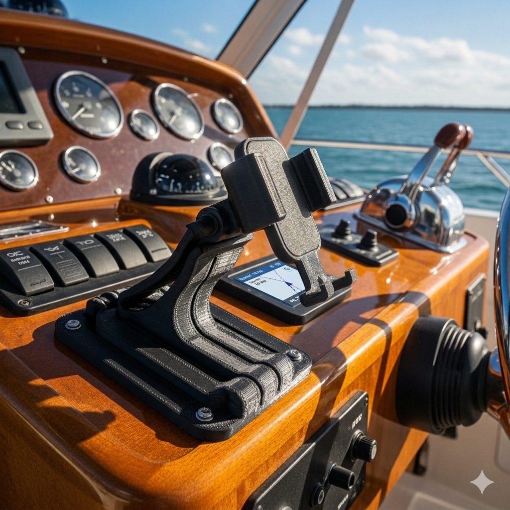 Flexible 3D-printed phone mount for a helm console.