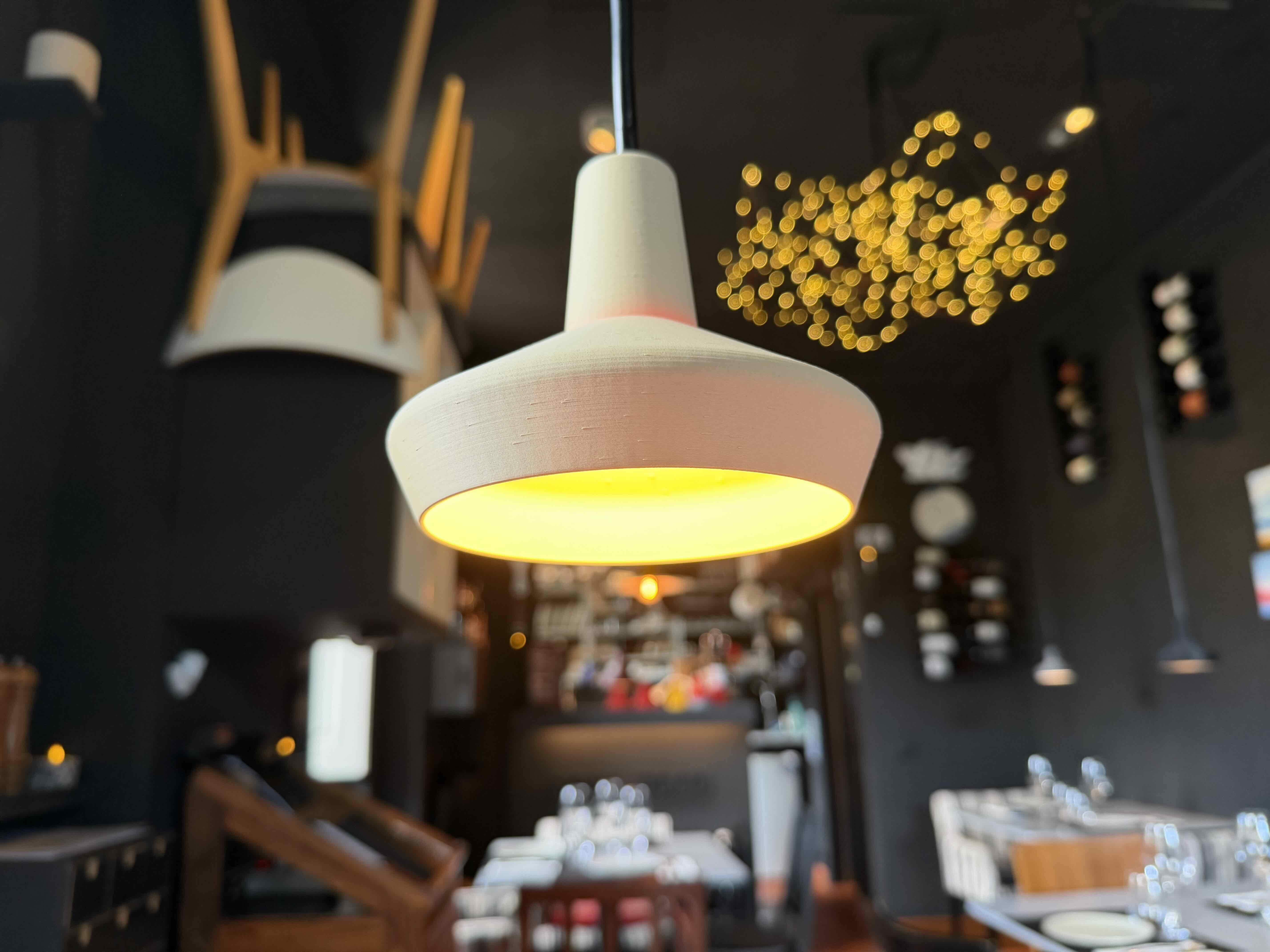 Pendant lamp at Alegria Vadia — detail view.