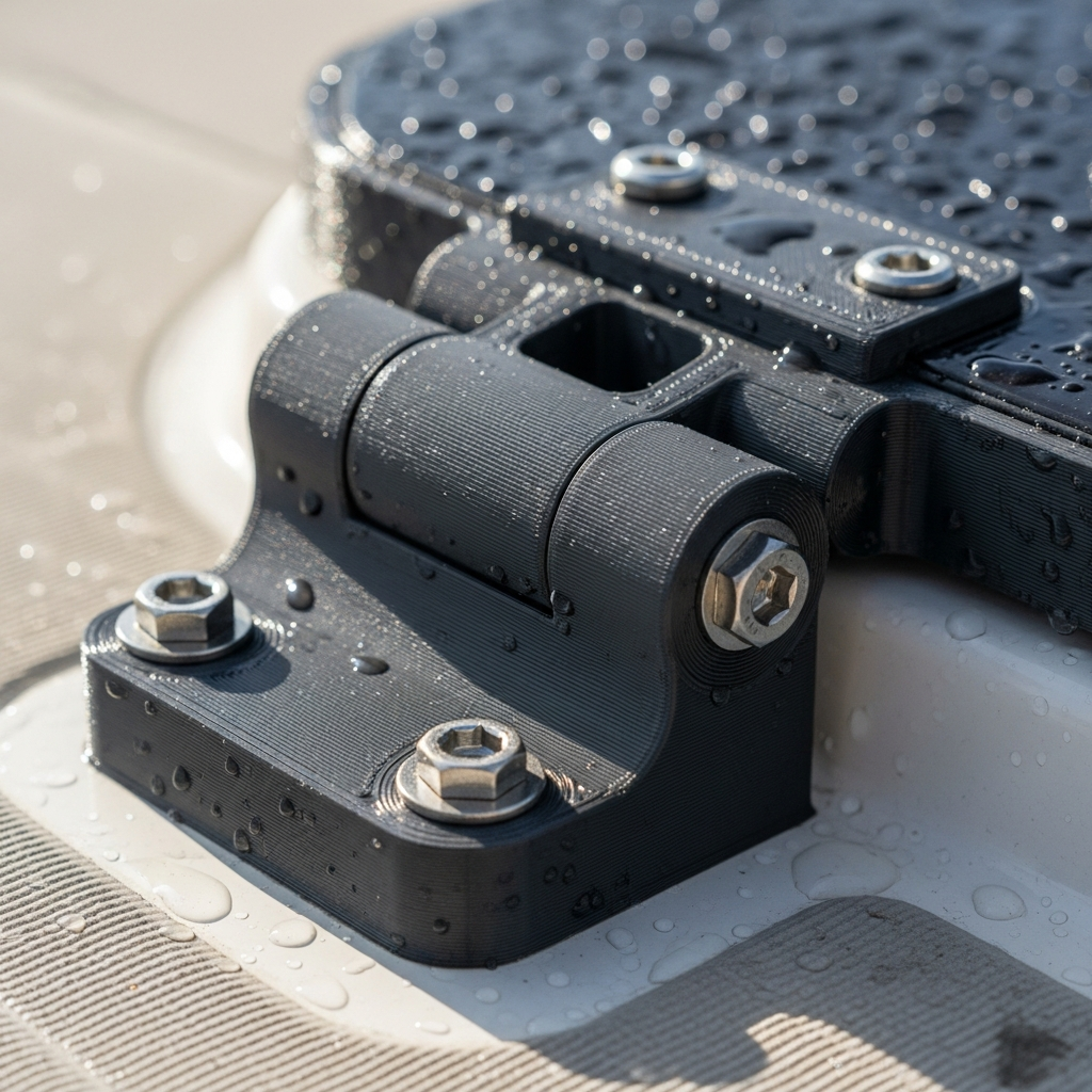 3D-printed replica hatch hinge for a boat.