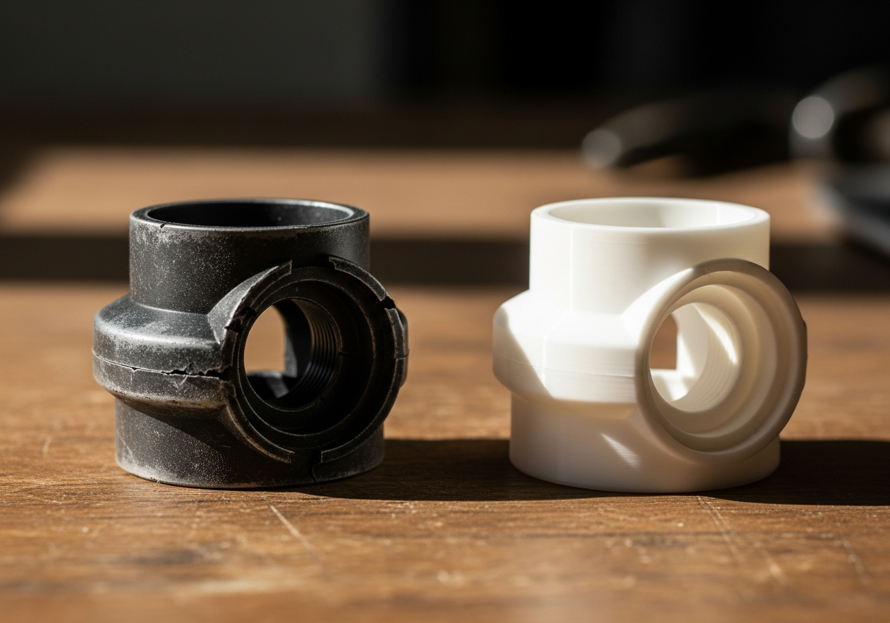 3D-printed replacement marine hose union.