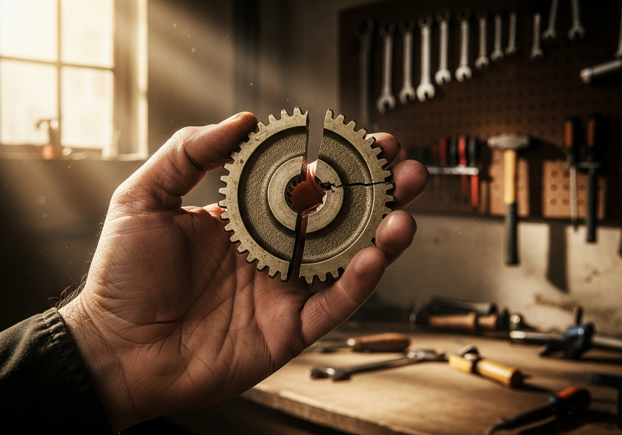 Hands holding a worn mechanical part.