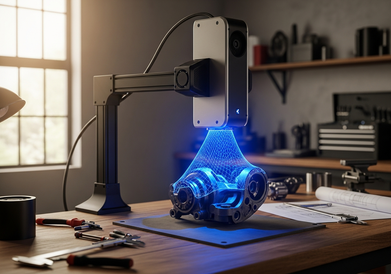 3D scanner capturing a part on a workbench at the take-two studio in Cascais.