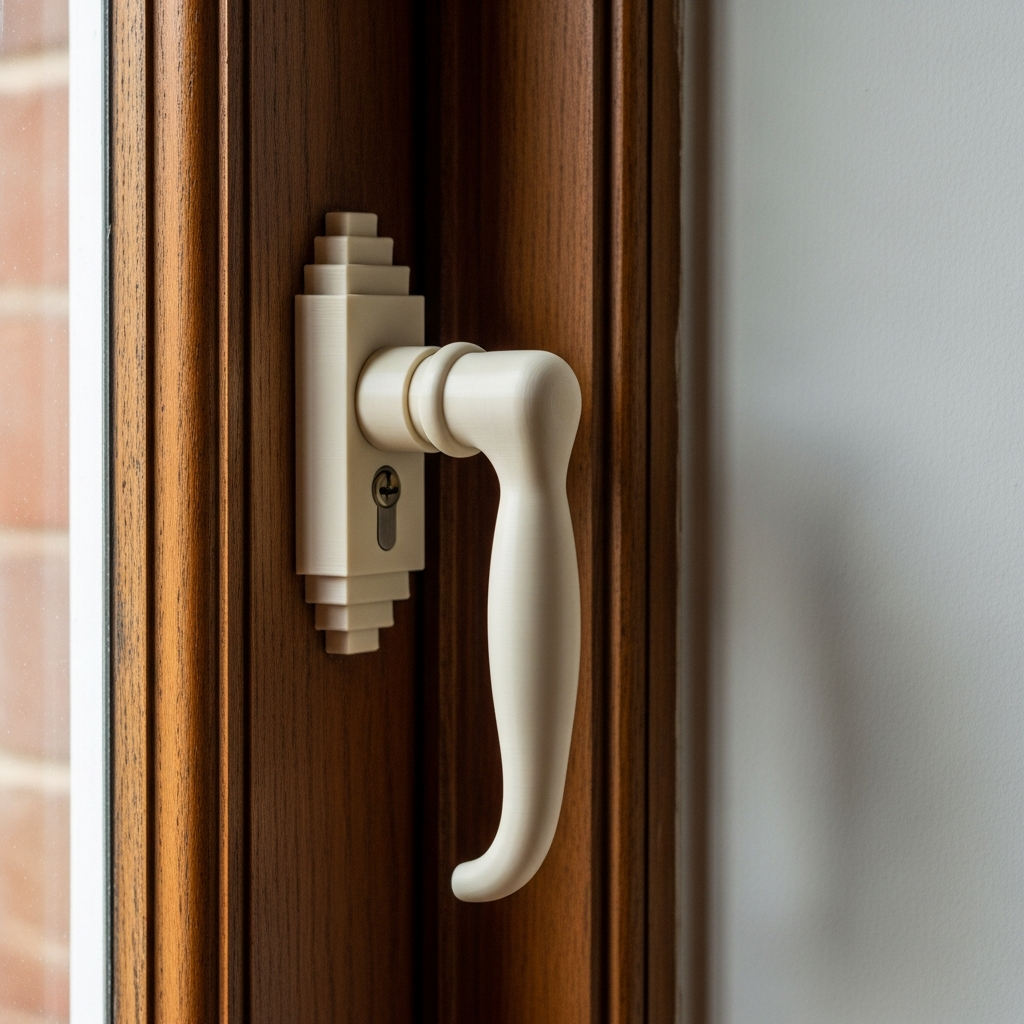 3D-printed replica window handle on a dark wood frame.