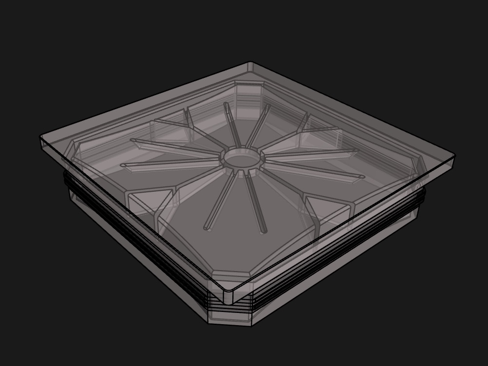 The cap model shown see-through, revealing the radial ribs and the skirt that sits in the post.